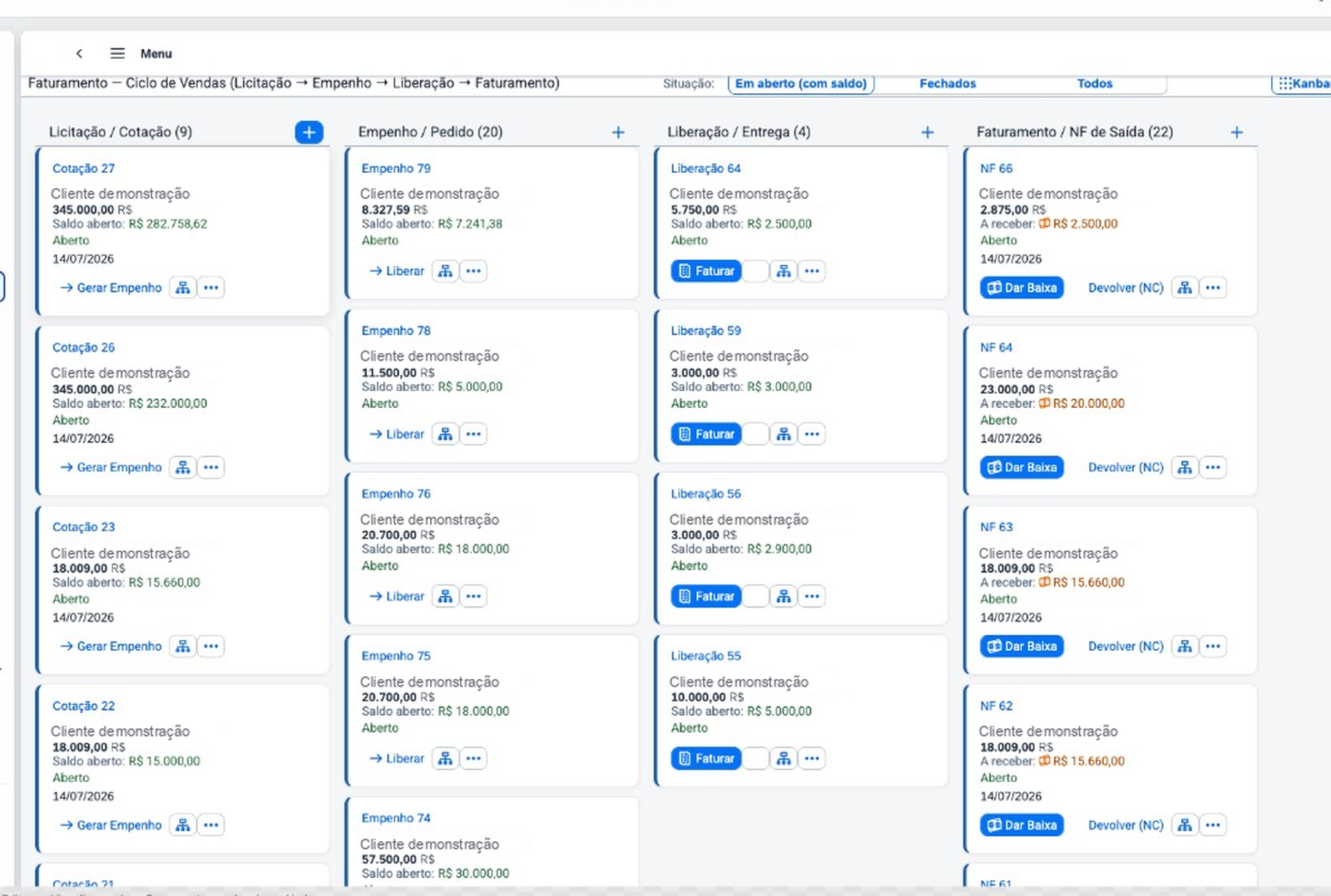 Kanban de faturamento no portal Flows